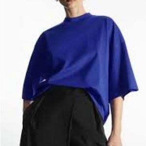 COS Blue Mock Neck Tee Shirt Oversized Minimalist Boxy Top Small